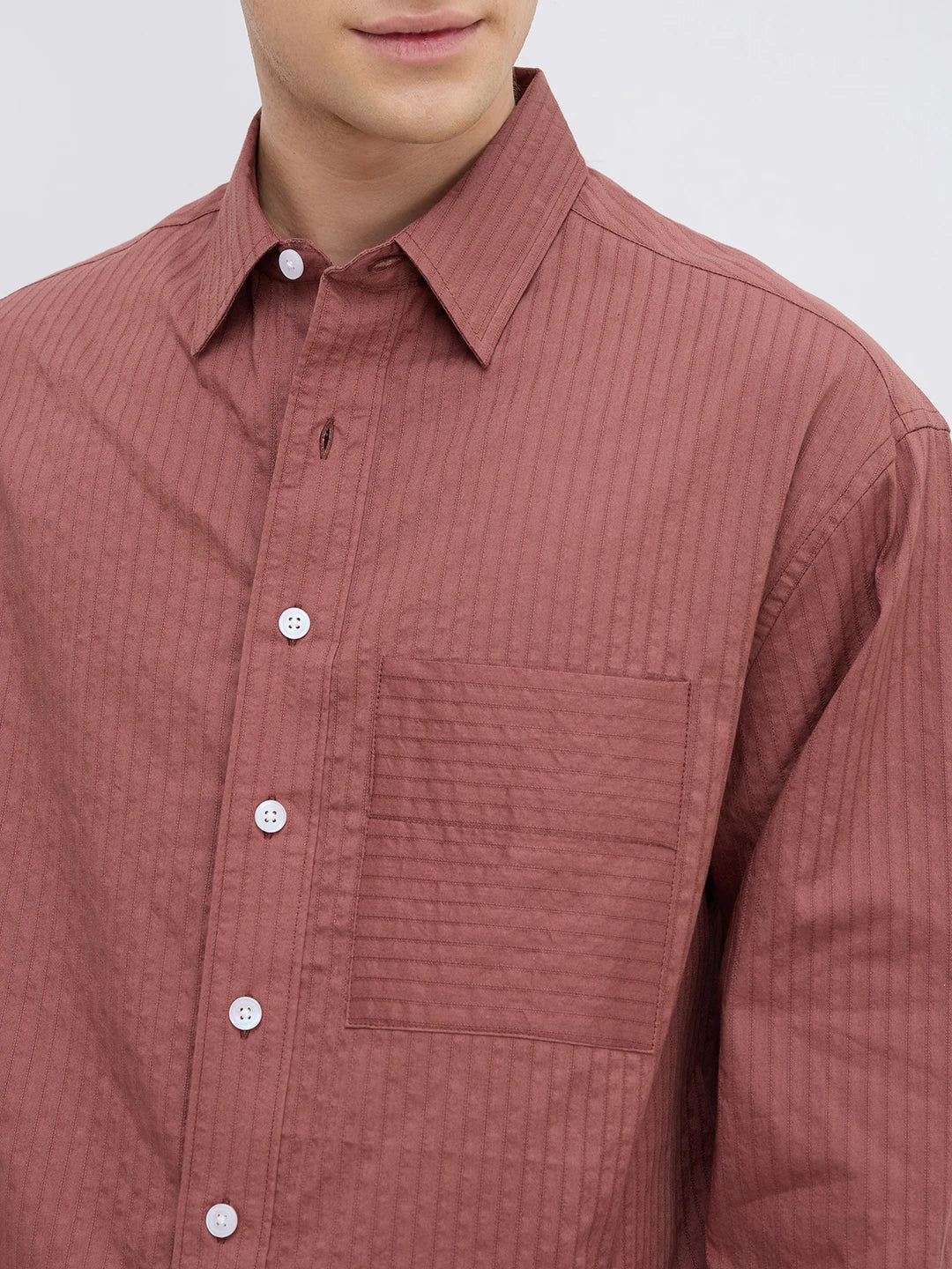 Brick Red Pinstriped Boxy Fit Crop Shirt