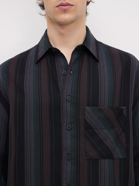 Luxe Coffee Brown Multi-Striped Boxy Fit Crop Shirt