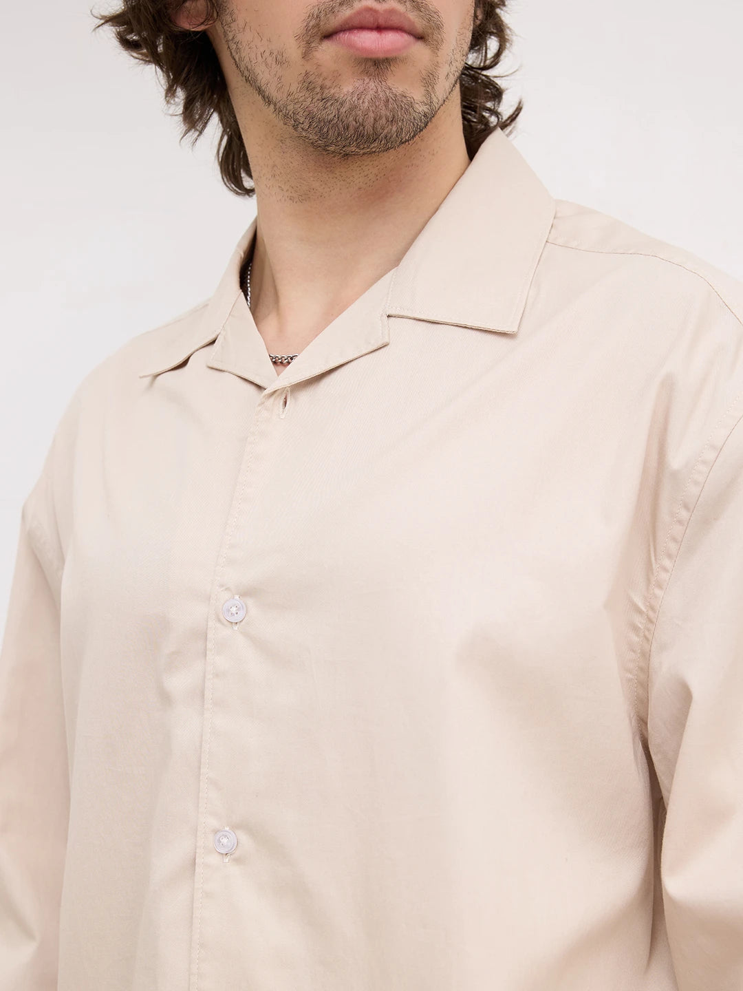 Sand Beige Twill Notch Collar Oversized Shirt