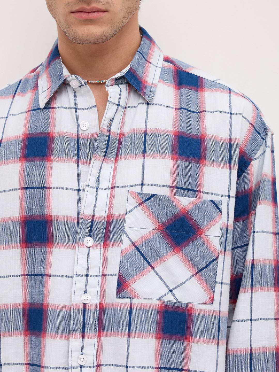 Denim Multi Tone Herringbone Checks Boxy Fit Crop Shirt