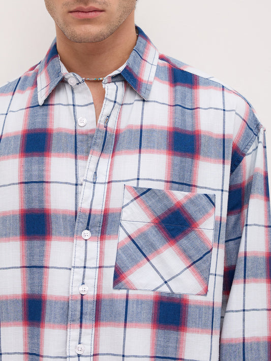 Denim Multi Tone Herringbone Checks Boxy Fit Crop Shirt