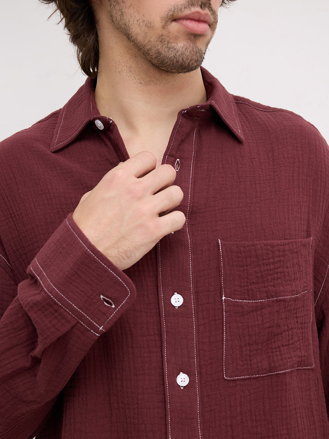 Solid Maroon Double Cloth Boxy Fit Crop Shirt