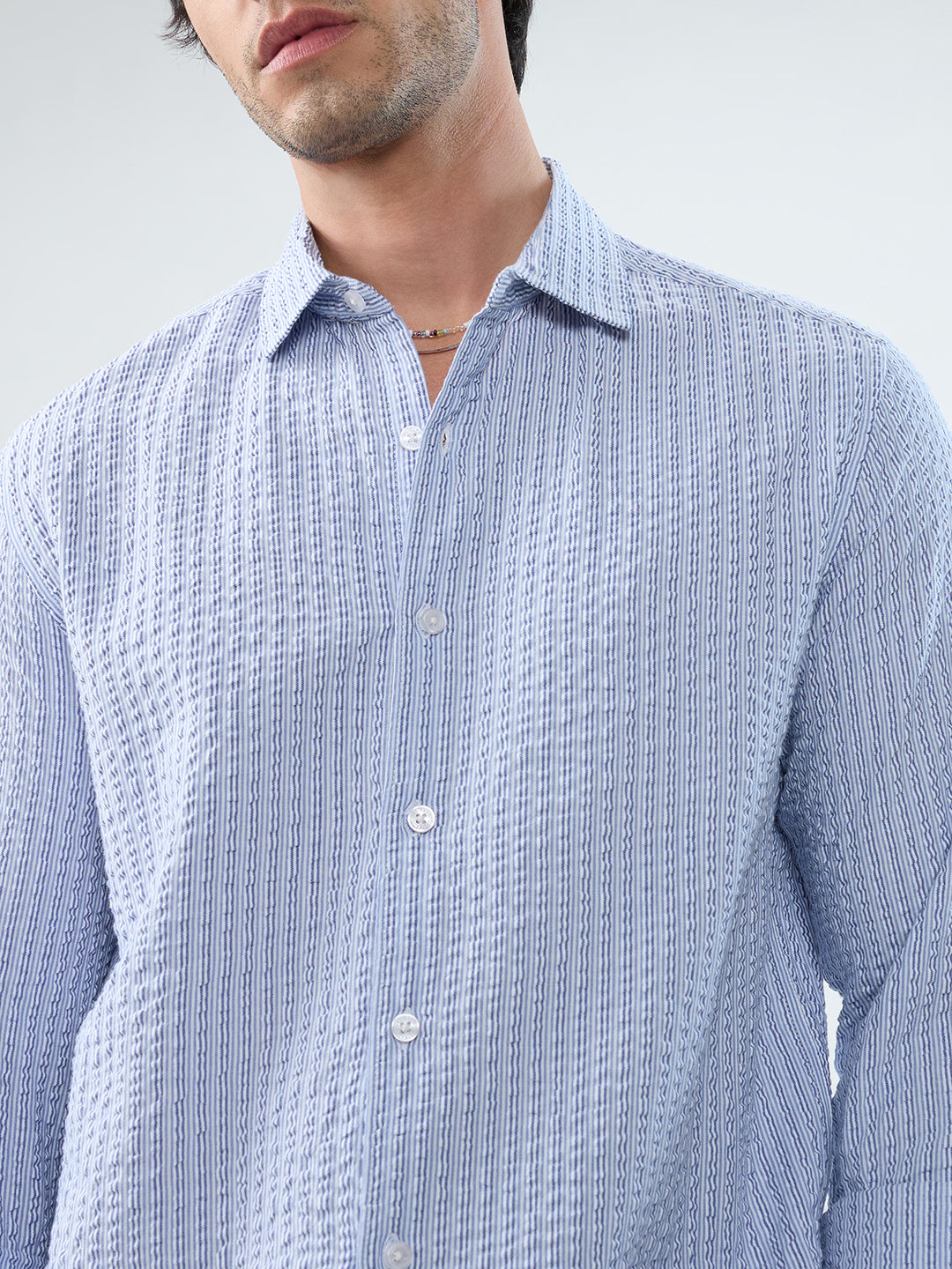 Frost White Azure Fine Striped Seersucker Shirt