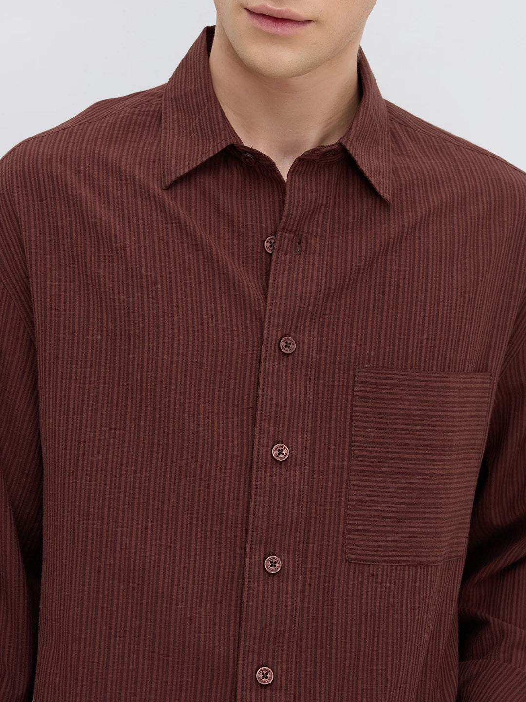 Elegant Coffee Brown Striped Boxy Fit Crop Shirt