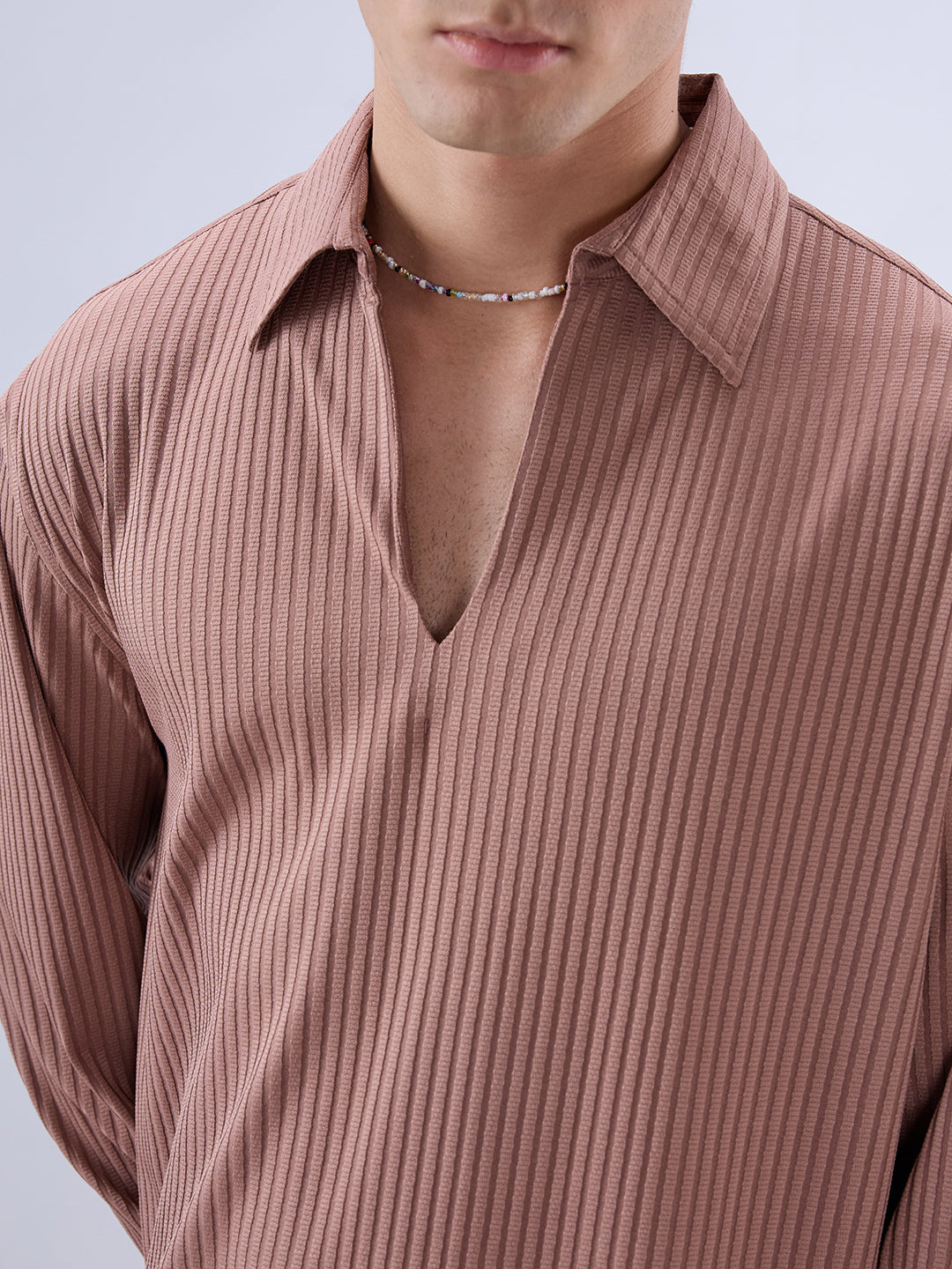 Warm Peach Dual Weave Striped Oversized Polo Knit Shirt