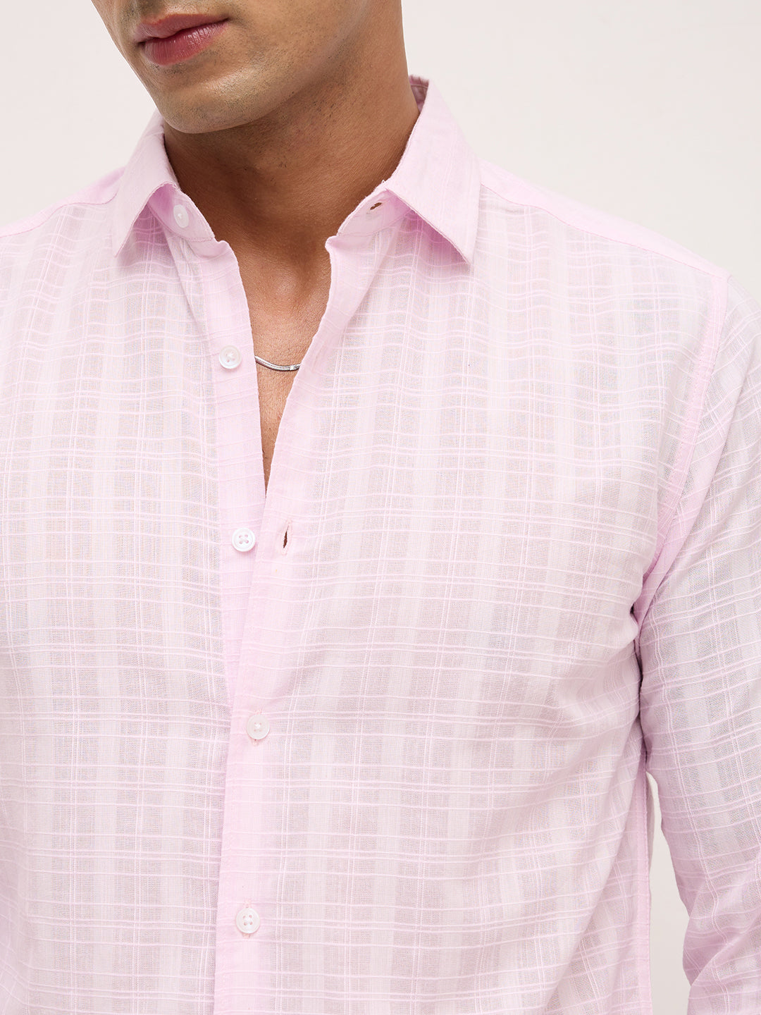 Soft Blush Pink Sheer Windowpane Checks Textured  Weave Shirt