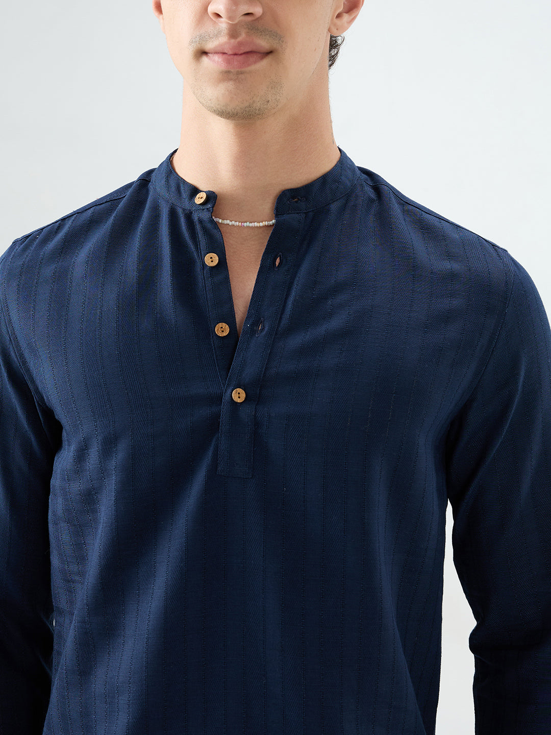 Navy Ladder Striped Subtle Textured Kurta