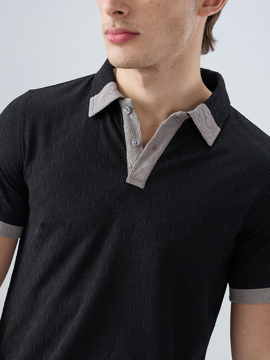 Rich Black Textured Contrast Polo Neck Knit T-shirt