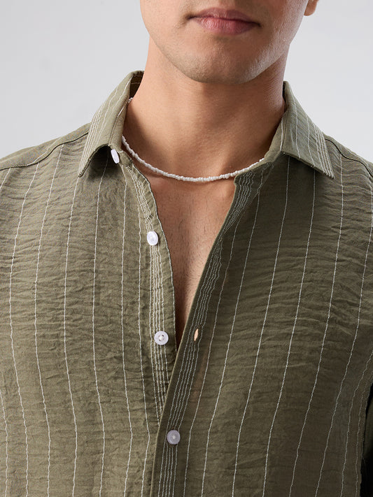 Olive Striped Crinkled Shirt