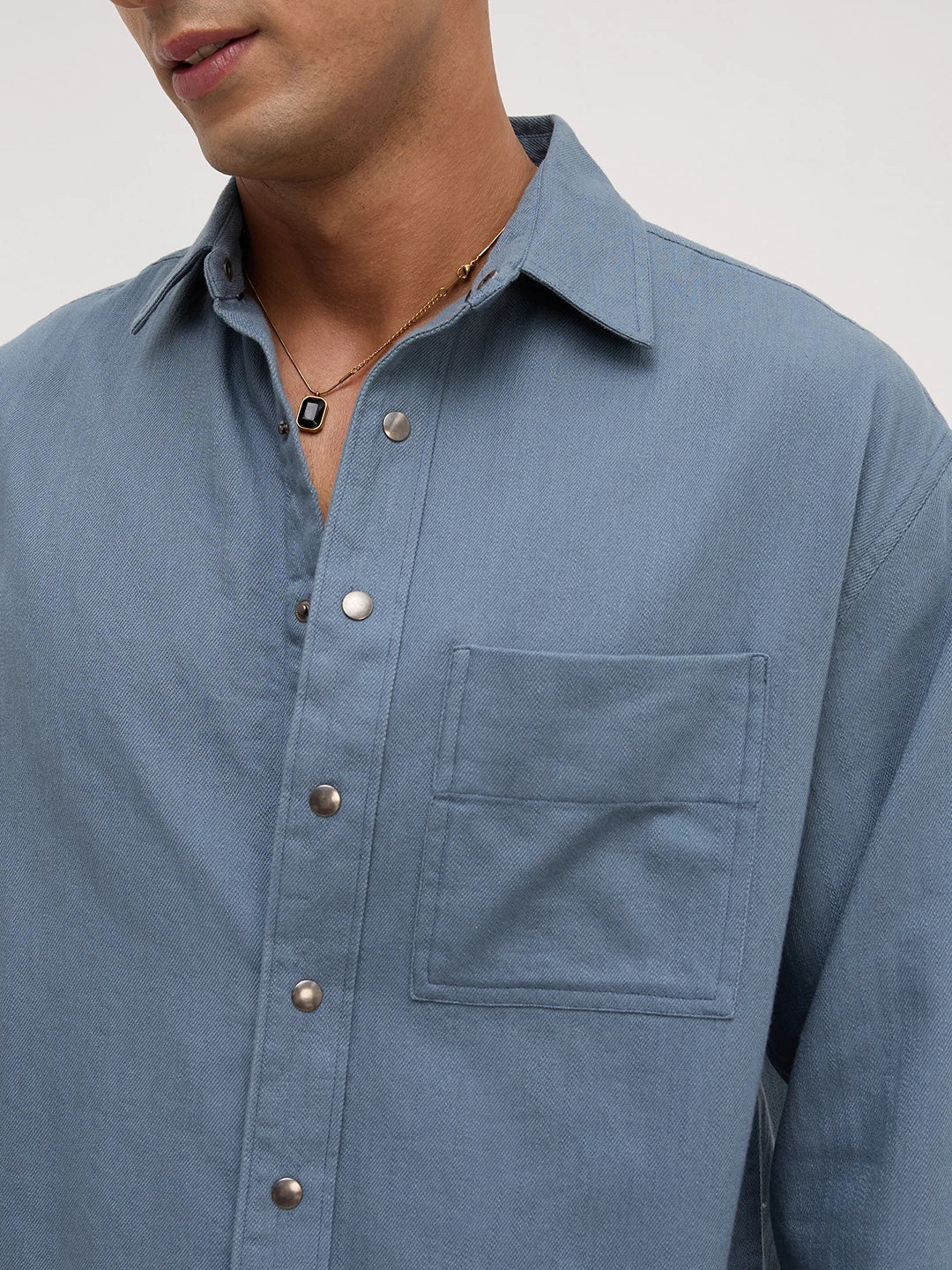 Spruce Blue Fine Textured Boxy Fit Crop Overshirt