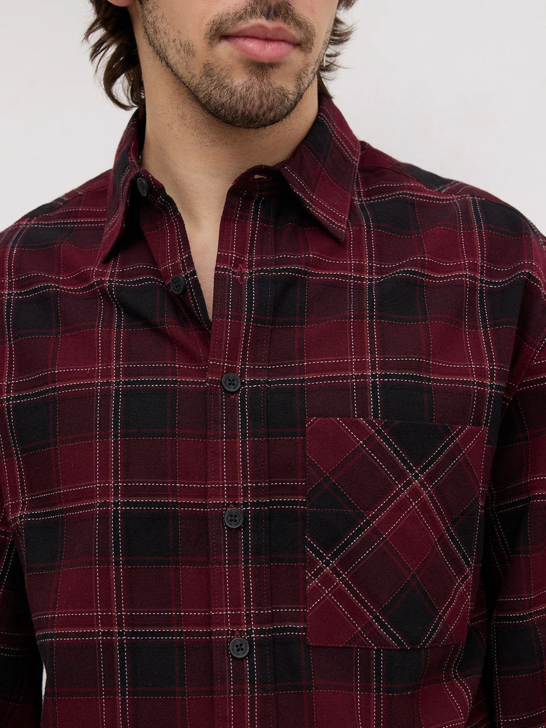 Luxe Blood Red Multi-Line Square Checks Cuffless Oversized Crop Shirt