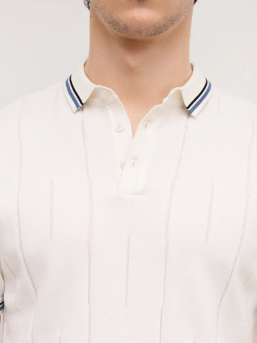 White Ribline Contrast Polo Flat Knit T-Shirt