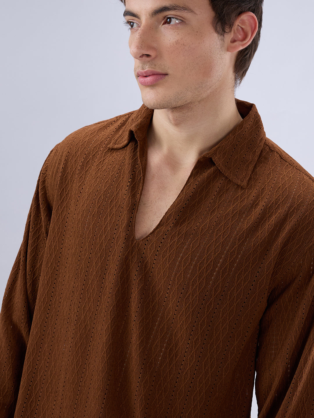 Luxe Brown Fine Lozenge Weave Polo Oversized Shirt