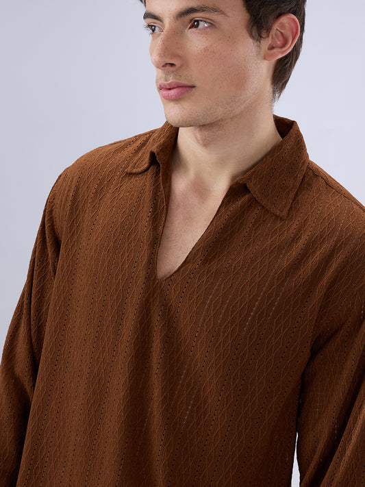 Luxe Brown Fine Lozenge Weave Polo Oversized Shirt