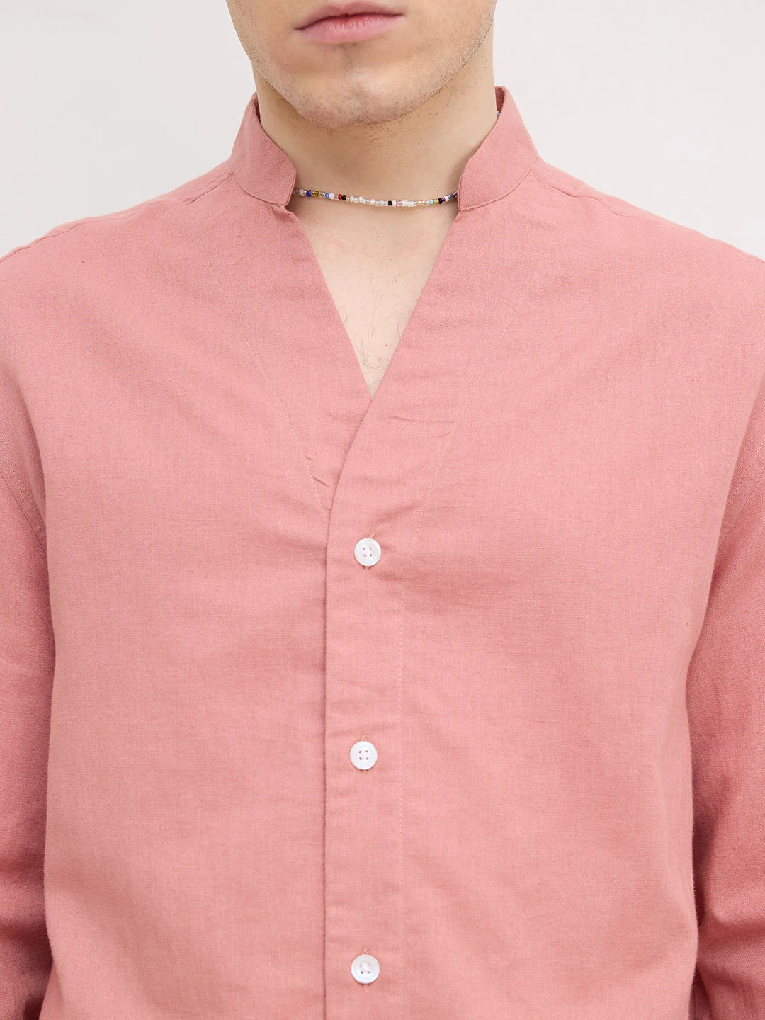 Luxe Coral Linen Blend Stand Collar Oversized Shirt