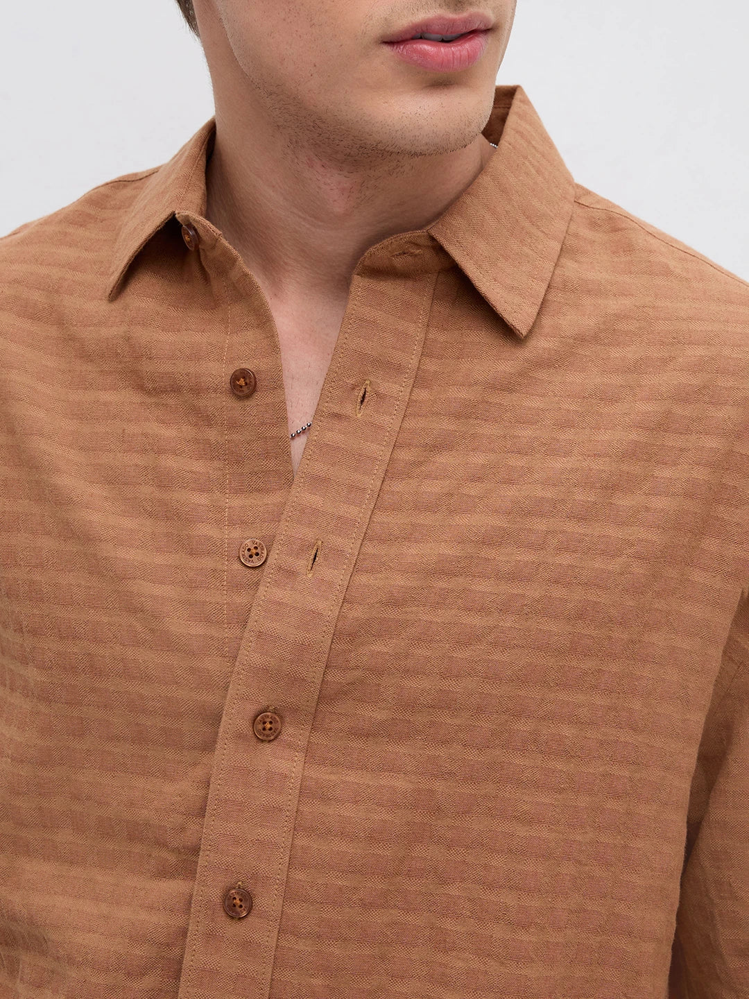 Burnt Ember Brown Block Weave Boxy Fit Crop Shirt