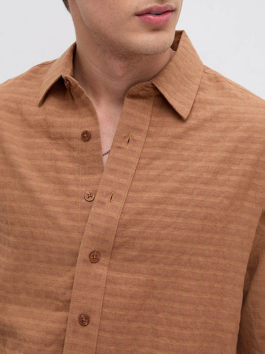 Burnt Ember Brown Block Weave Boxy Fit Crop Shirt