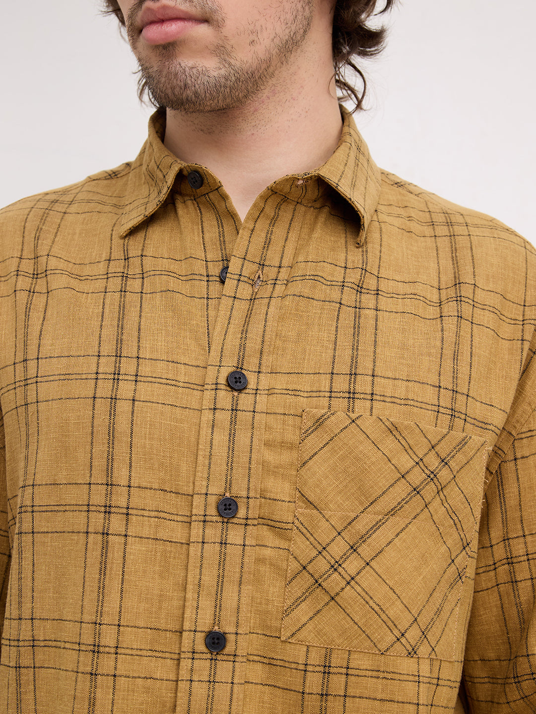 Khaki Contrast Windowpane Checks Boxy Fit Crop Shirt