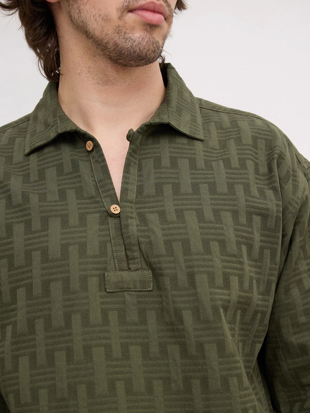 Contemporary Olive Architectural Weave Loop Button Oversized Shirt