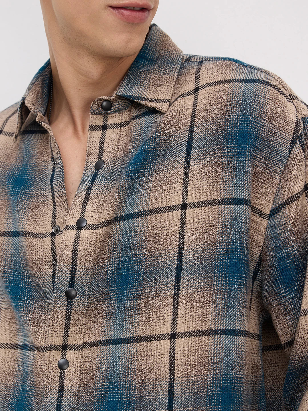Teal & Khaki Plaid Checks Flannel Boxy Fit Crop Shirt