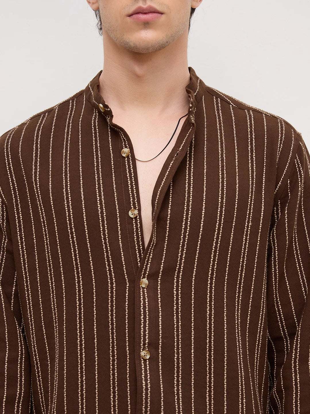 Brown & Beige Embroidered Striped Mandarin Shirt