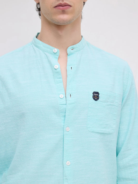 Spring Blue Textured Mandarin Collar Shirt