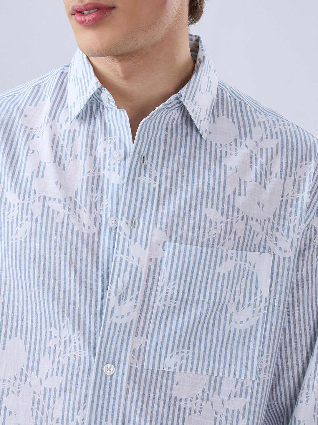 Blue & White Contemporary Floral Boxy Fit Crop Shirt