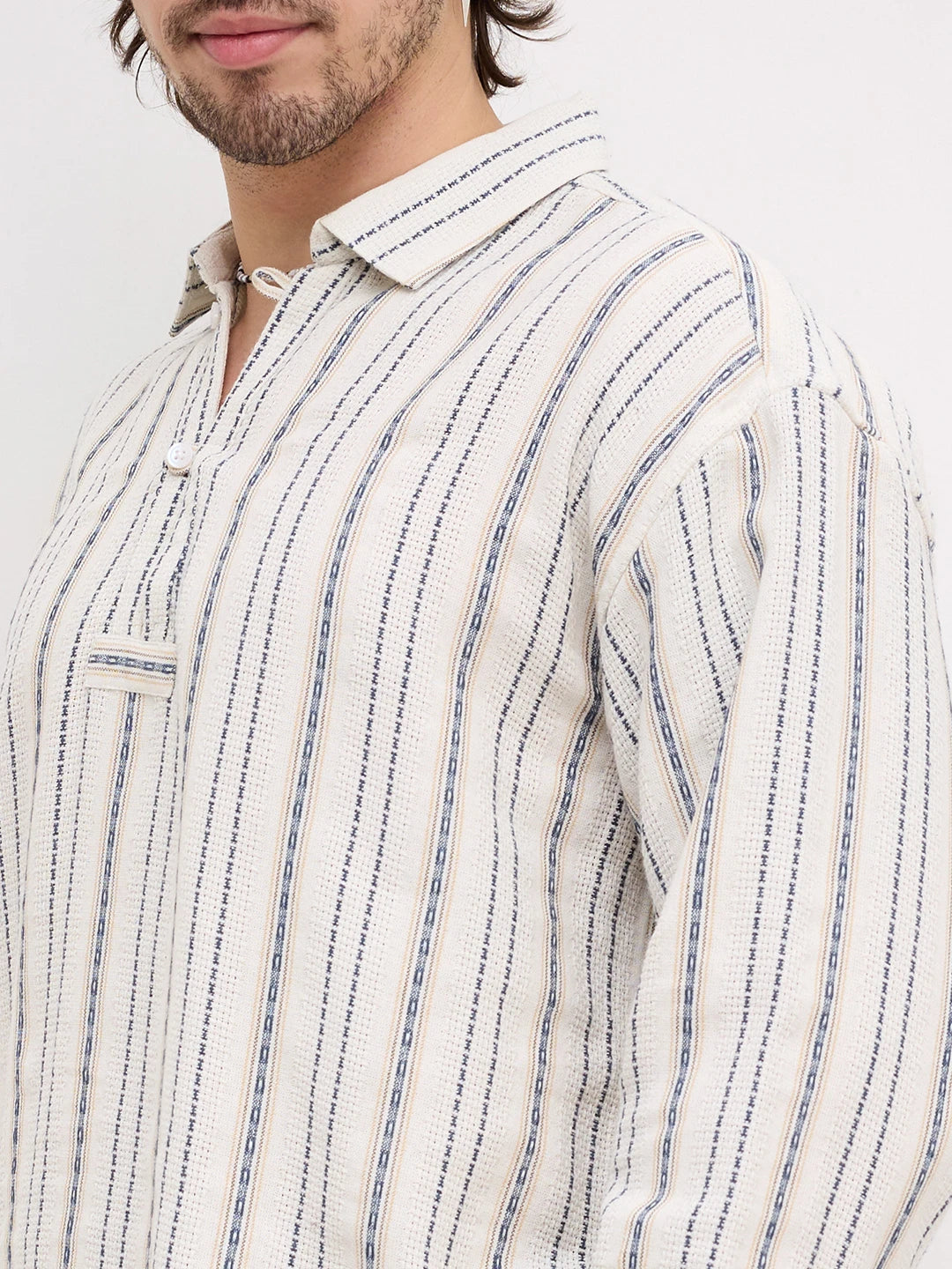 Premium Ivory Nomad Striped Threadwork Loop Button Oversized Shirt