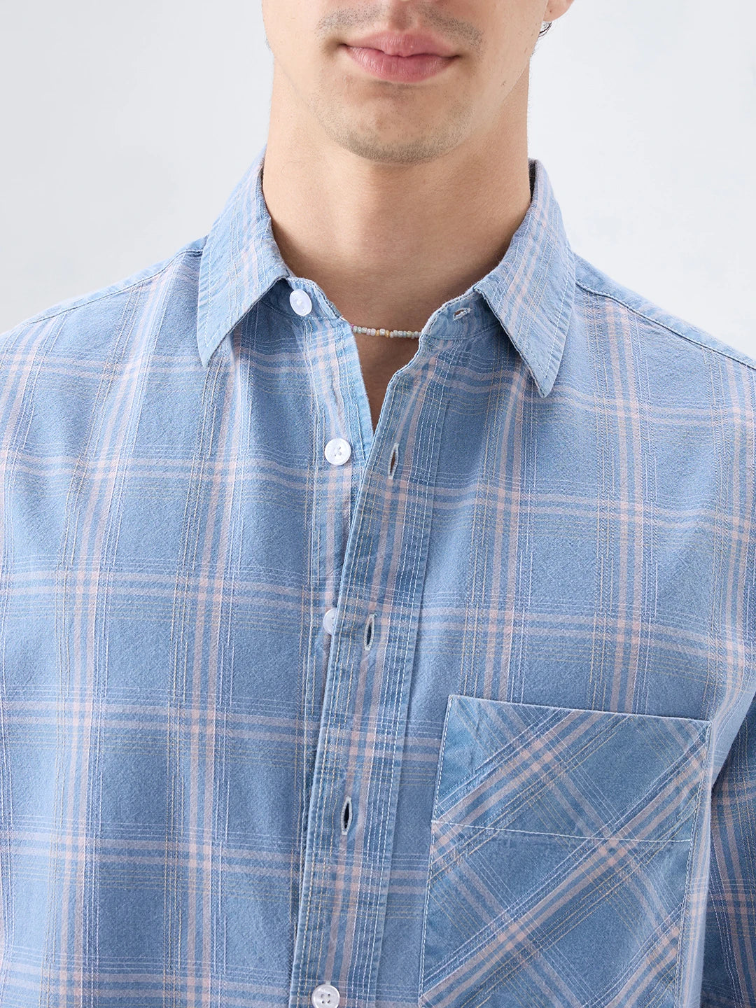 Denim Blue Multi Line Plaid Checks Boxy Fit Shirt