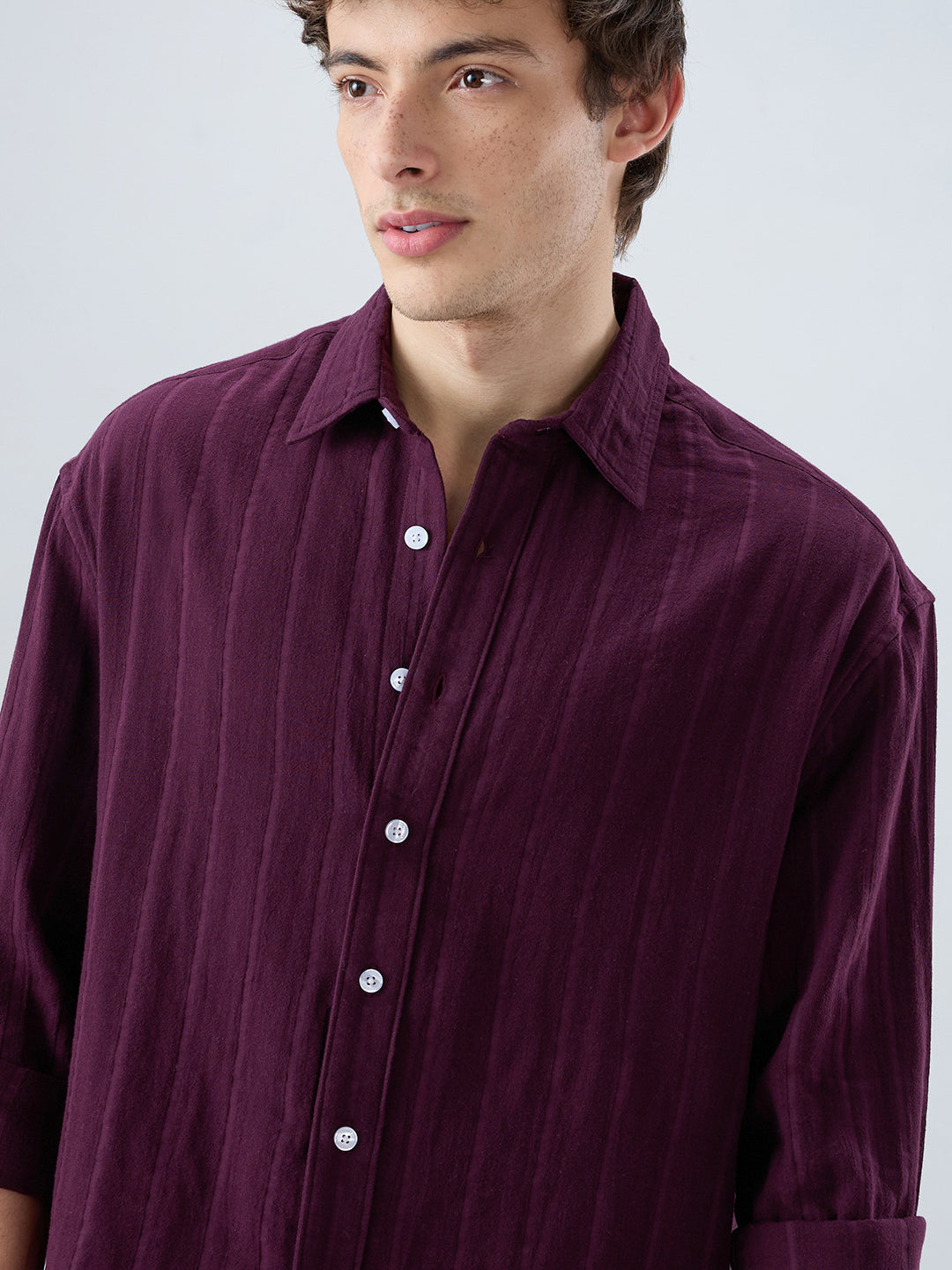Elegant Wine Double Cloth Seersucker Striped Boxy Fit Crop Shirt