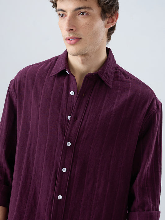Elegant Wine Double Cloth Seersucker Striped Boxy Fit Crop Shirt