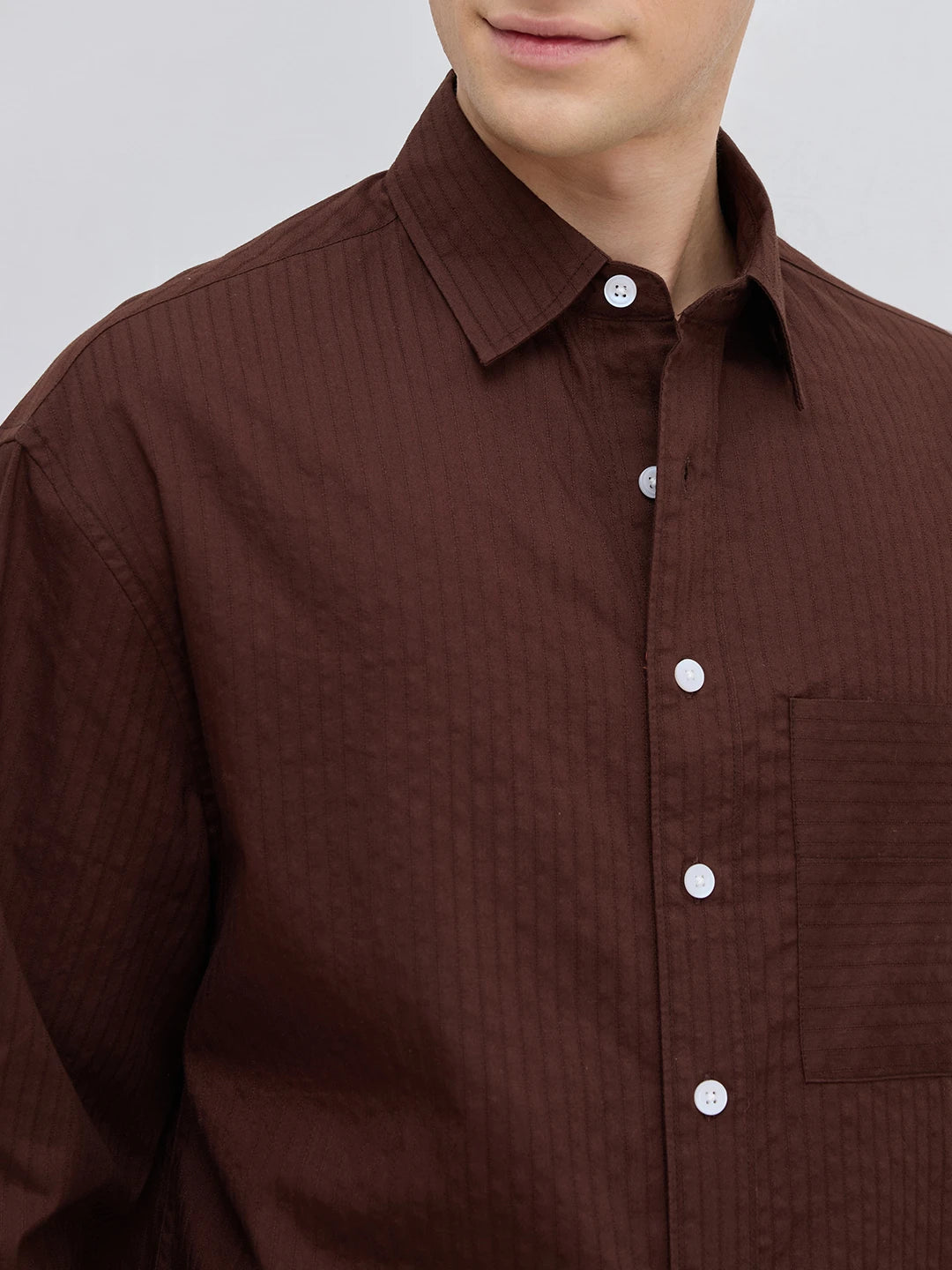 Espresso Brown Pinstriped Boxy Fit Crop Shirt