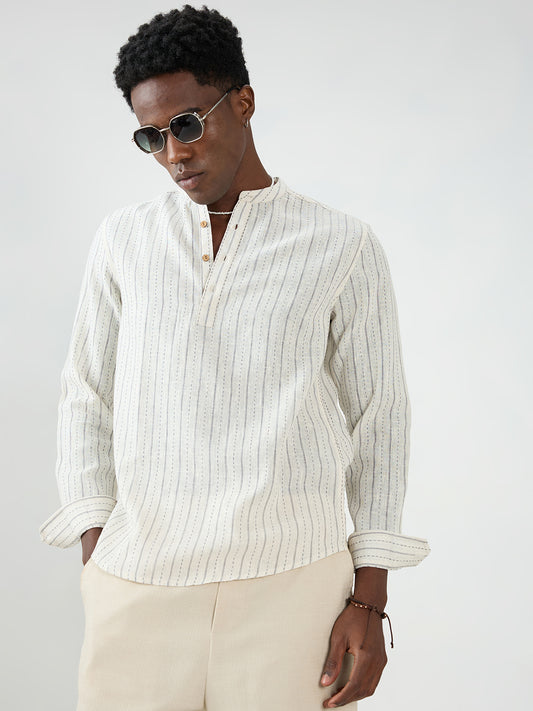 White & Grey Burlap Weaved Striped Kurta