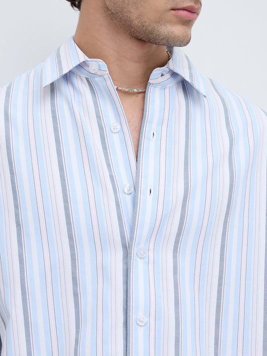 Sea Breeze Multi Stripe Weave Boxy Fit Crop Shirt