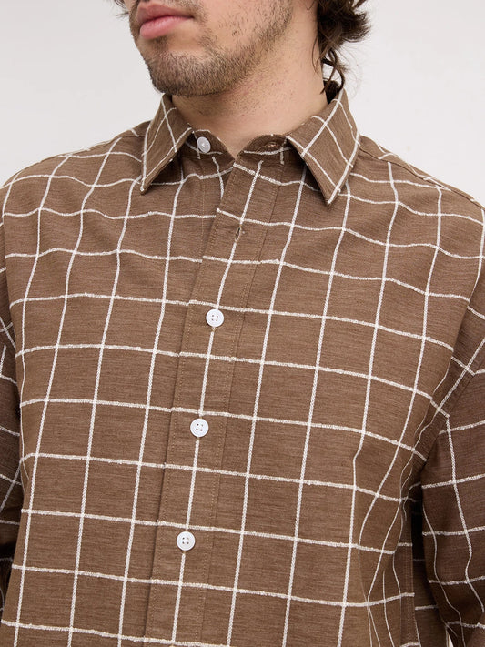 Natural Wood Brown Square Checks Boxy Fit Crop Shirt