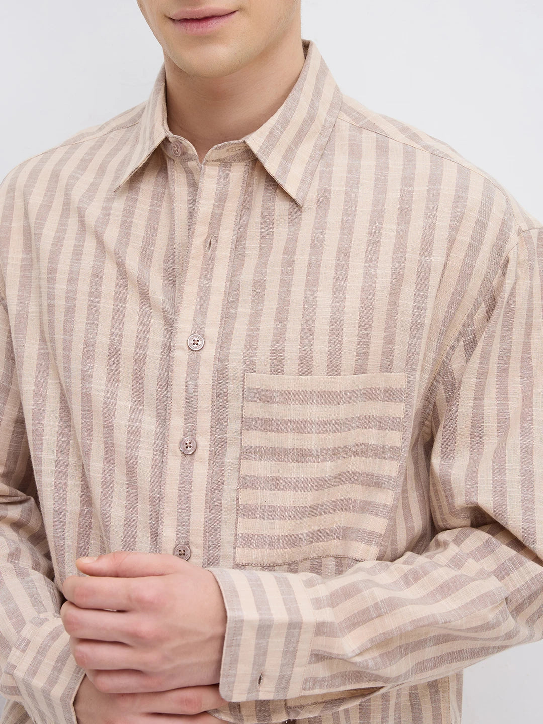 Earthy Brown & Beige Candy Striped Boxy Fit Crop Shirt