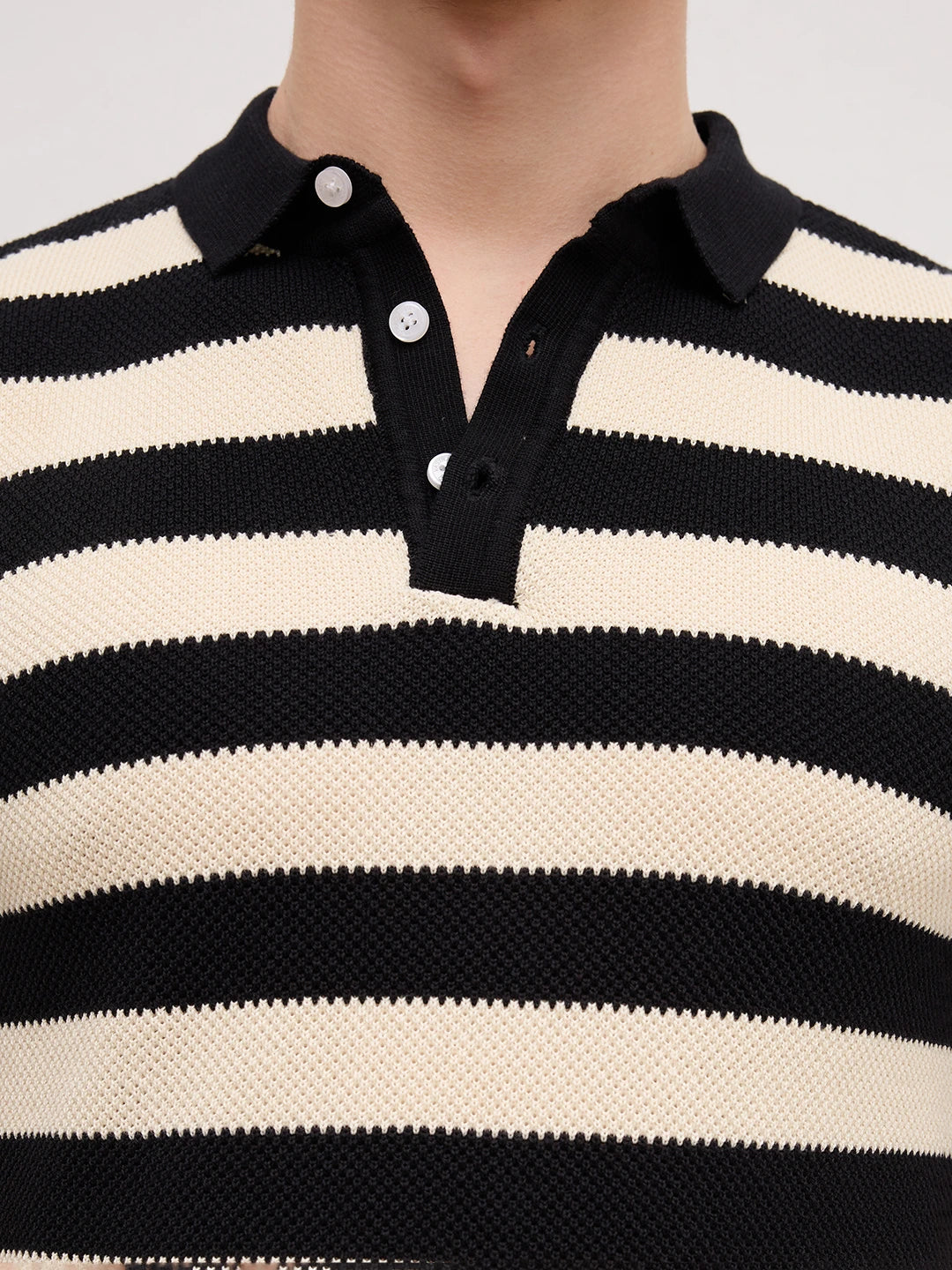 Monochrome Horizontal Striped Flat Knit Polo T-Shirt