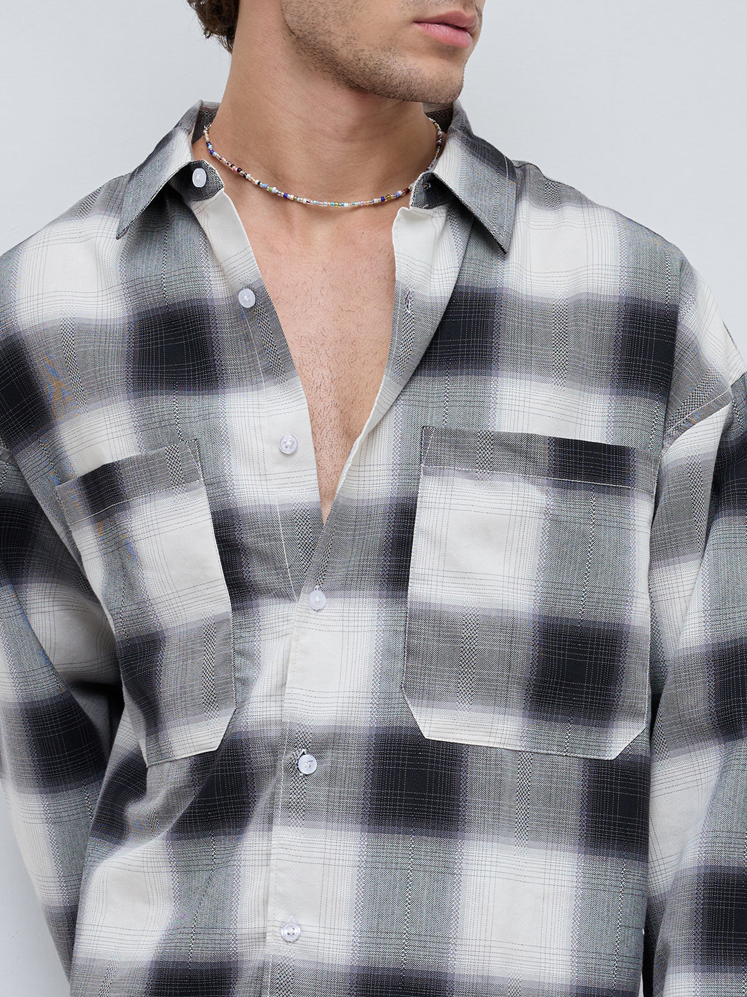 Monochrome Bold Grid Boxy Fit Crop Utility Shirt