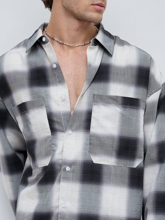 Monochrome Bold Grid Boxy Fit Crop Utility Shirt