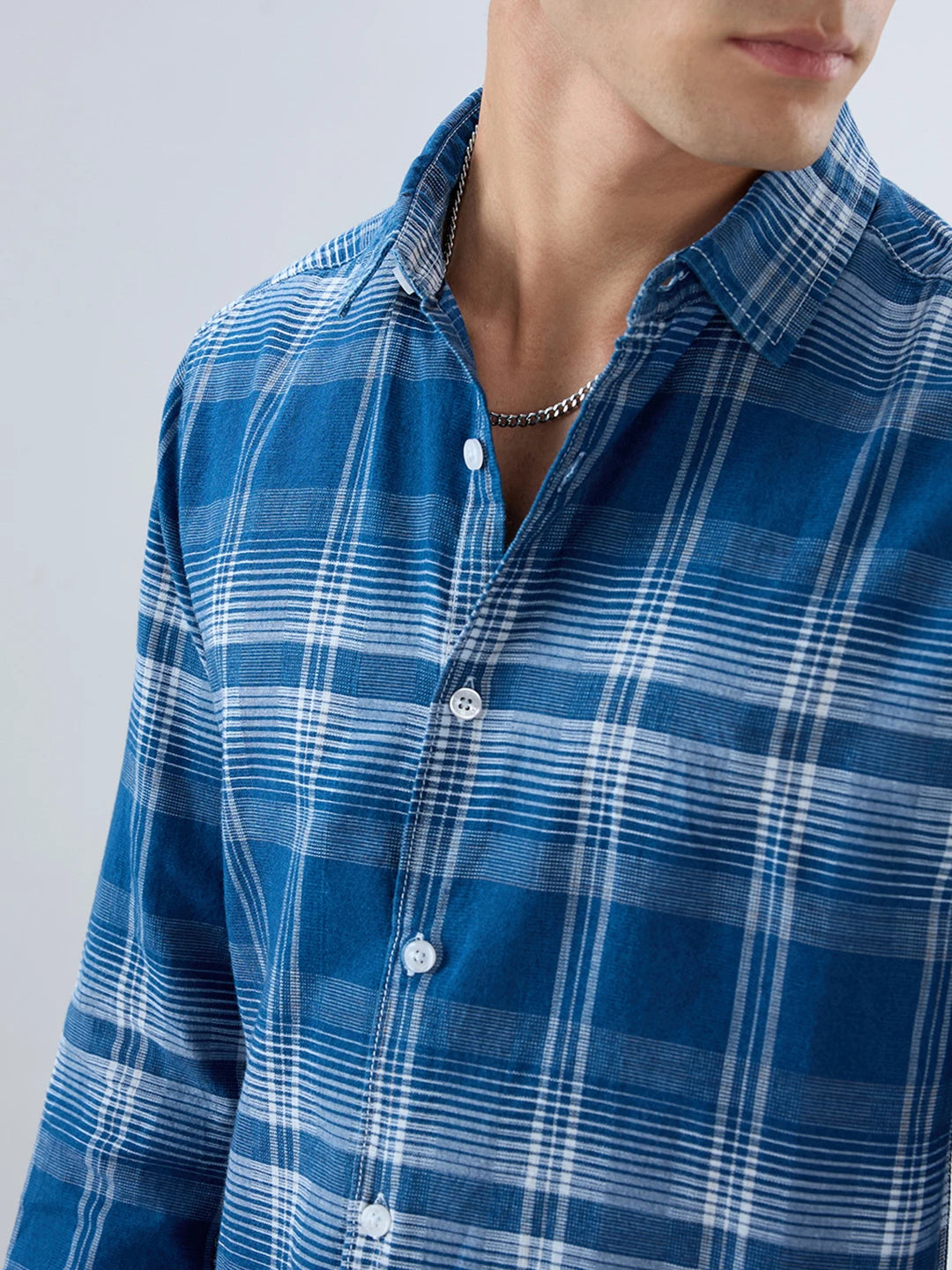 Denim Blue & White Horizontal Stripe Checked Shirt