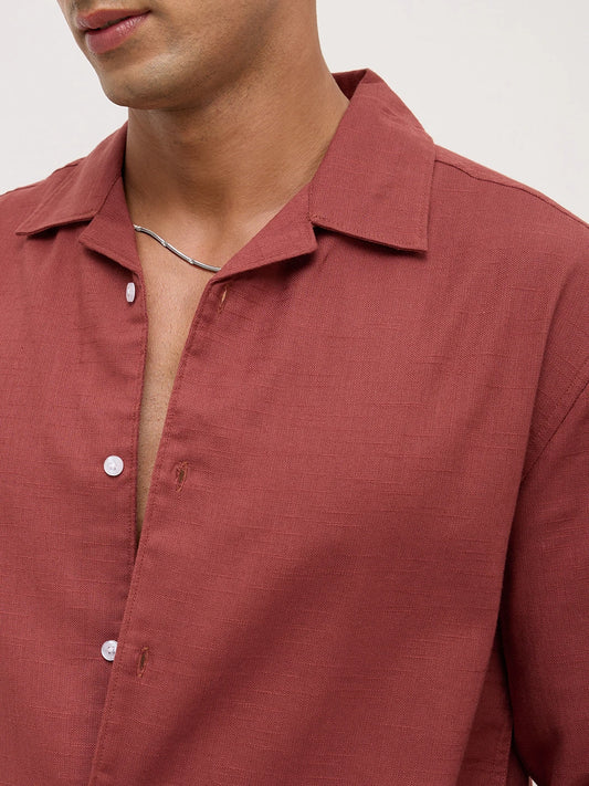 Rust Fine Sheer Slub Textured Oversized Resort Collar Shirt