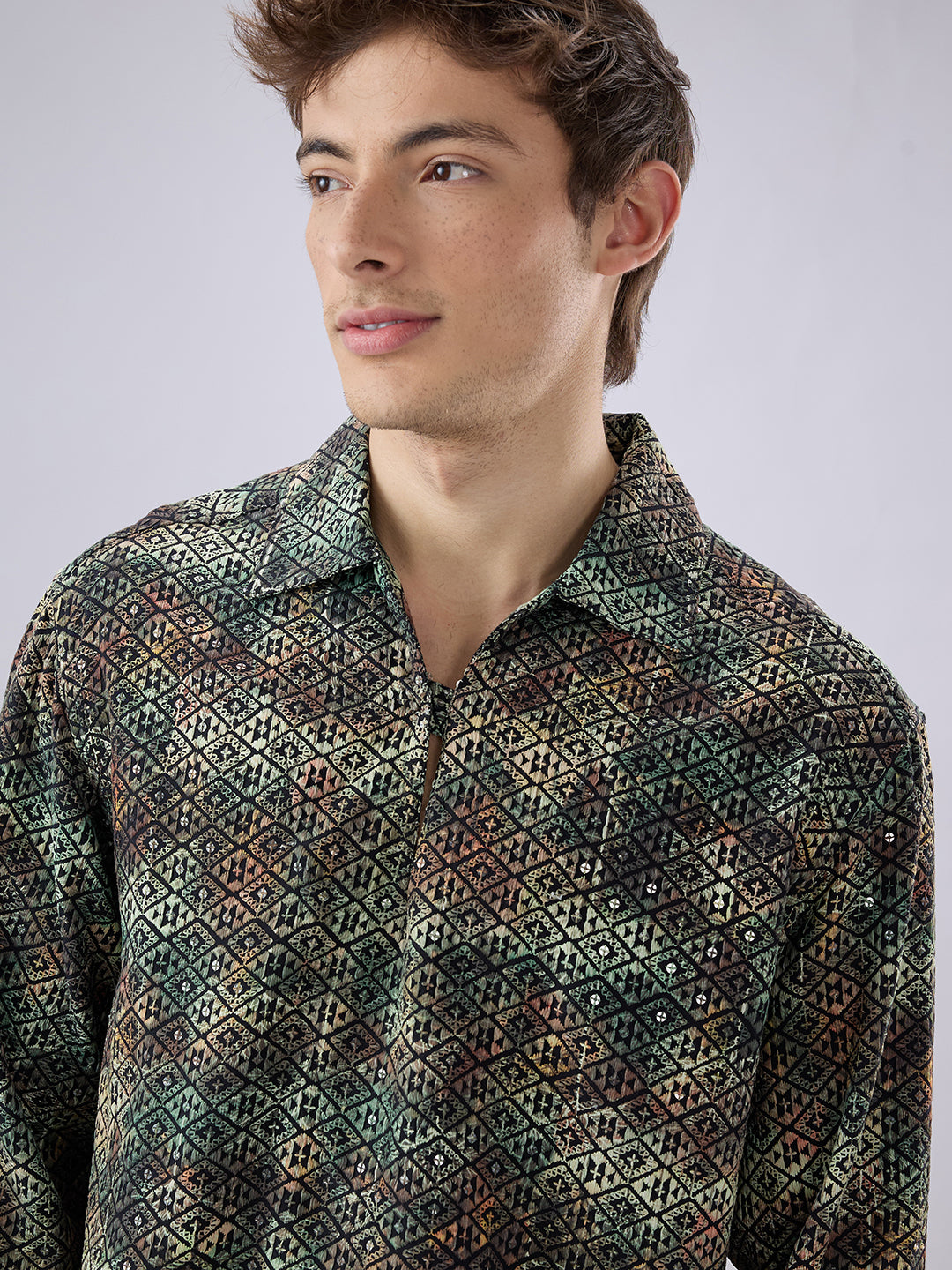 Noor Green Sequin Embroidered Cuffless Oversized Shirt