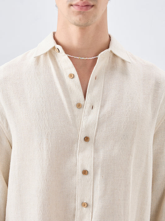Raw Linen Blend Micro Weave Lozenge Textured Boxy Fit Crop Shirt