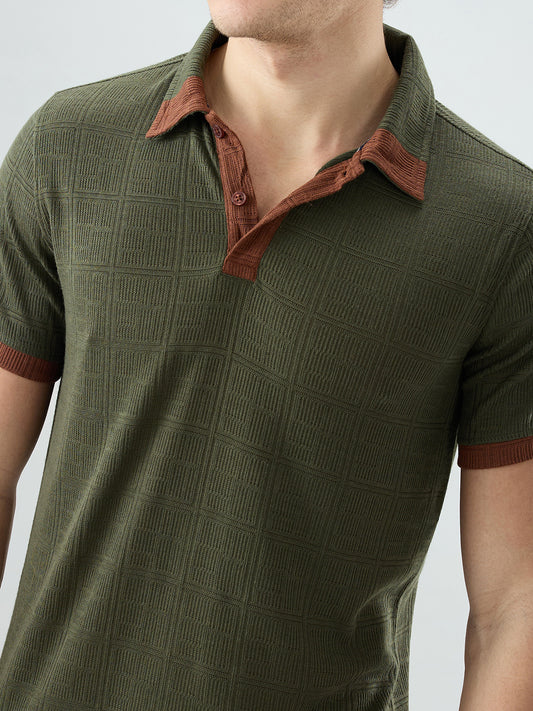 Green Contrast Polo Neck Knit T-shirt