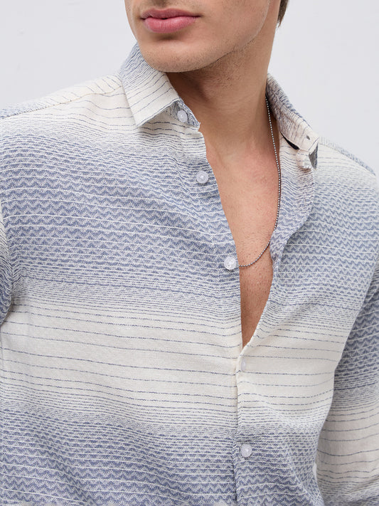 White & Blue Jacquard Wave Pattern Striped Shirt