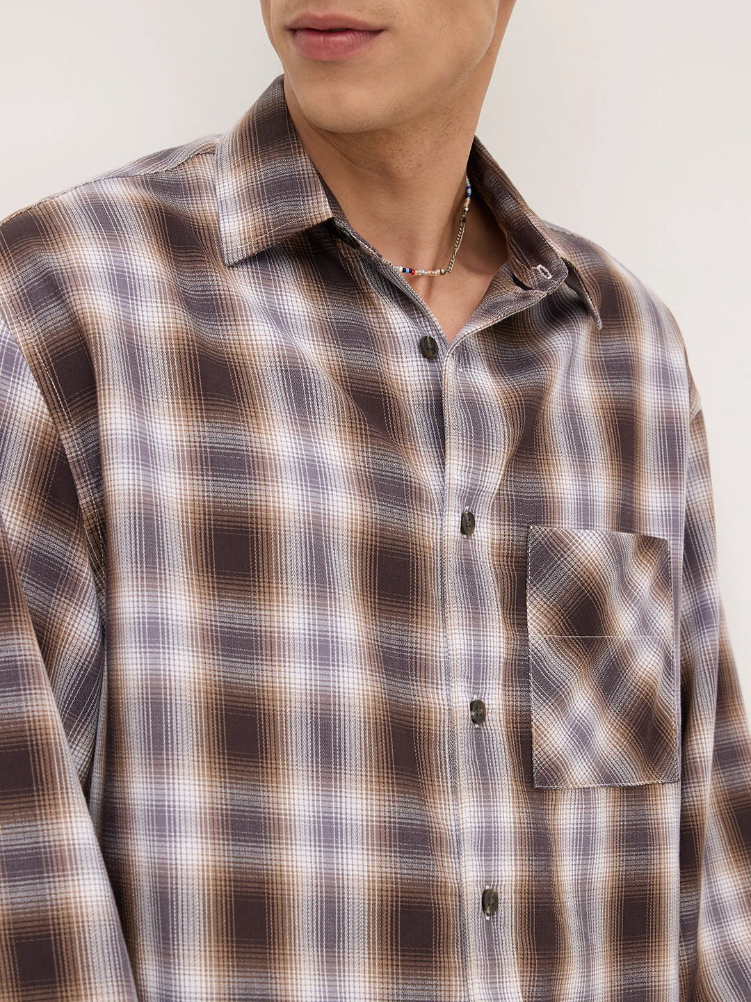 Luxe Brown Plaid Checks Cuffless Oversized Crop Shirt