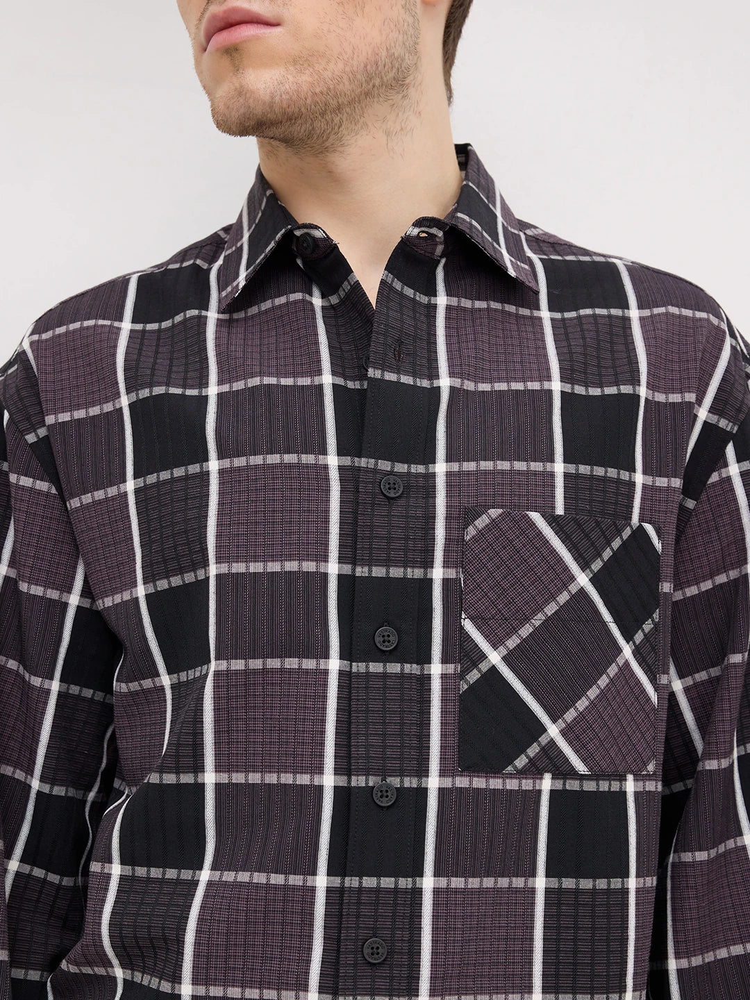 Artisan Esspresso Brown Square Checks Cuffless Oversized Crop Shirt