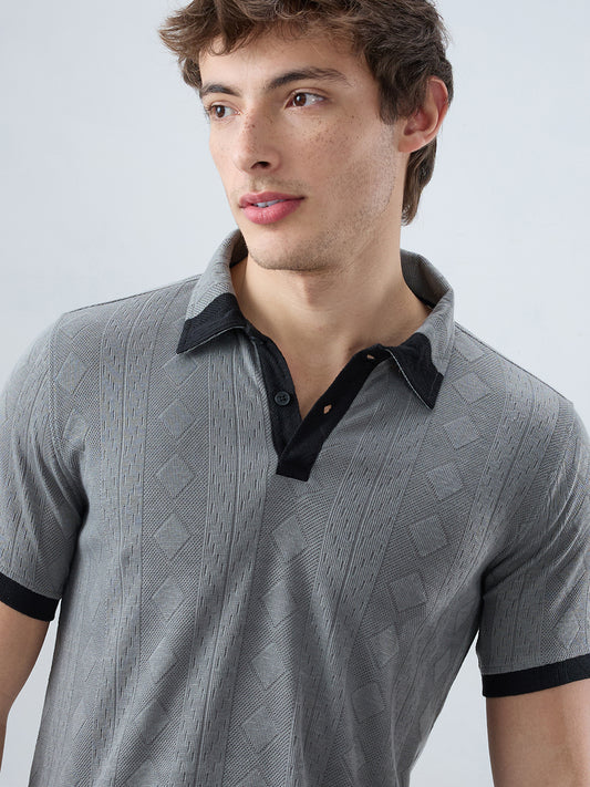 Zinc Grey Contrast Polo Neck Diamond Weave Knit T-shirt