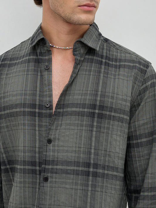Olive & Black Plaid Checks Textured Shirt