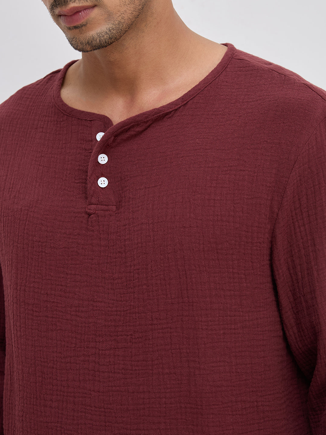 Debonair Maroon Double Cloth Henley Neck Oversized Shirt
